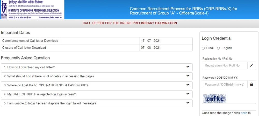 IBPS RRB Admit Card 2021 Online Prelims Examination