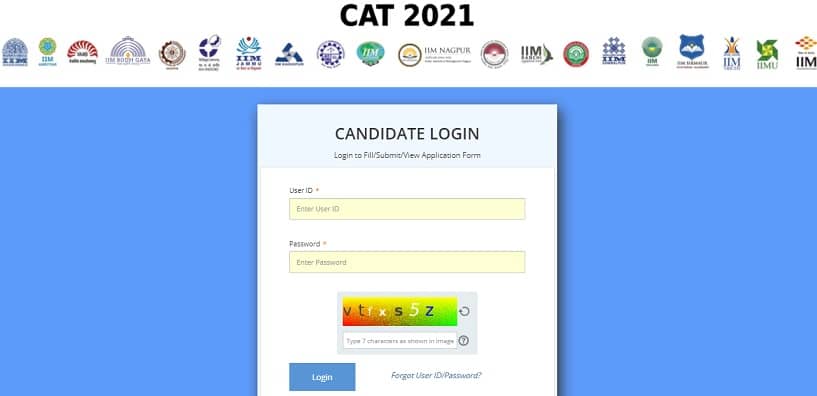 CAT 2021 Admit Card - Candidate Login Window