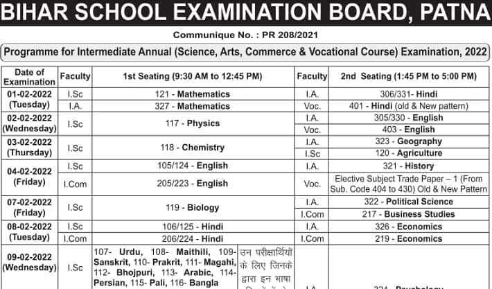 Bihar Board 12th Exam Date 2022