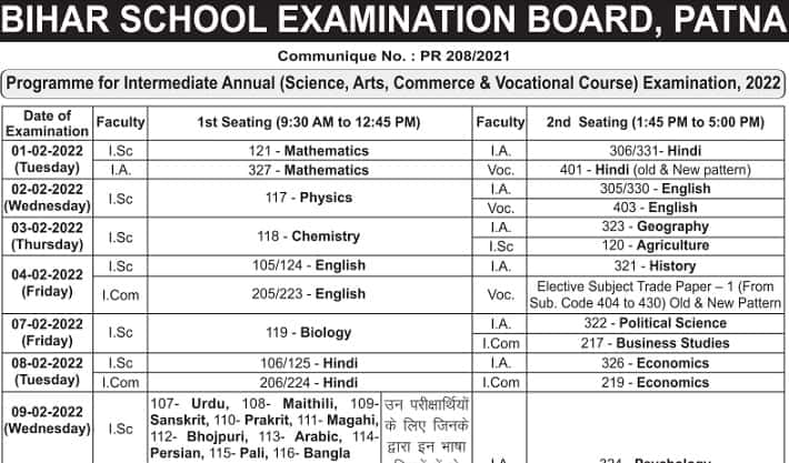Bihar Board 12th Exam Date 2022 Science Arts Commerce Time Table 