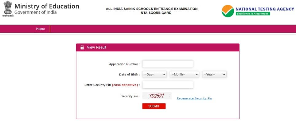 All India Sainik Schools Entrance Examination NTA Scorecard Sample