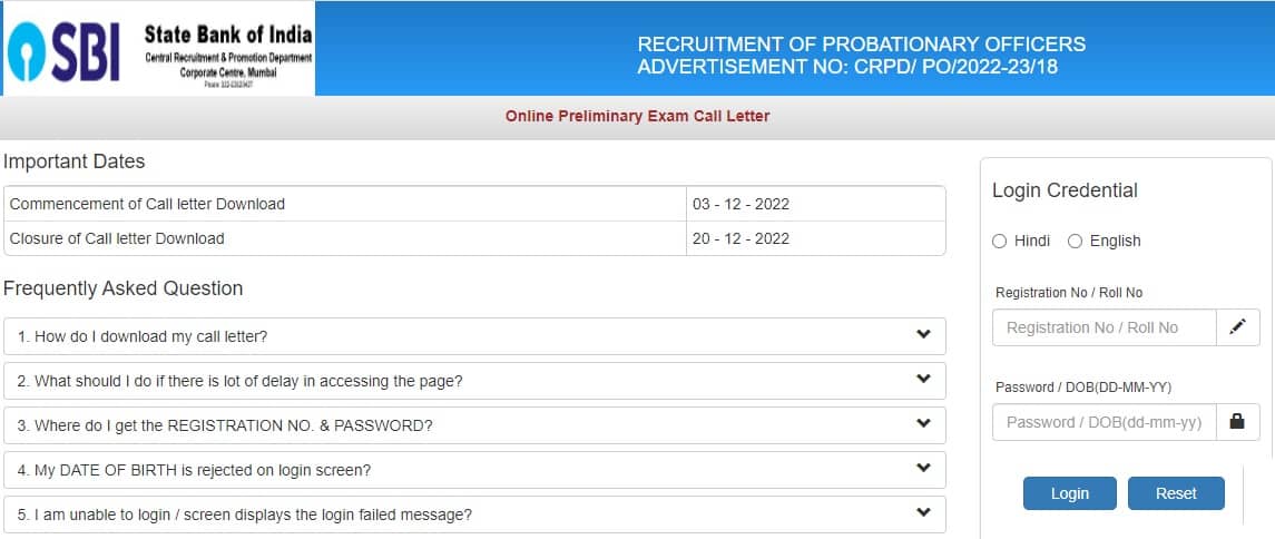 SBI PO Prelims Admit Card 2022 Download Direct Link