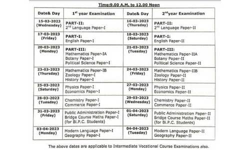 TS Inter 1st Year & 2nd Year Exam Time Table 2023 