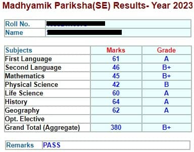 WB Madhyamik Result 2023 Marksheet